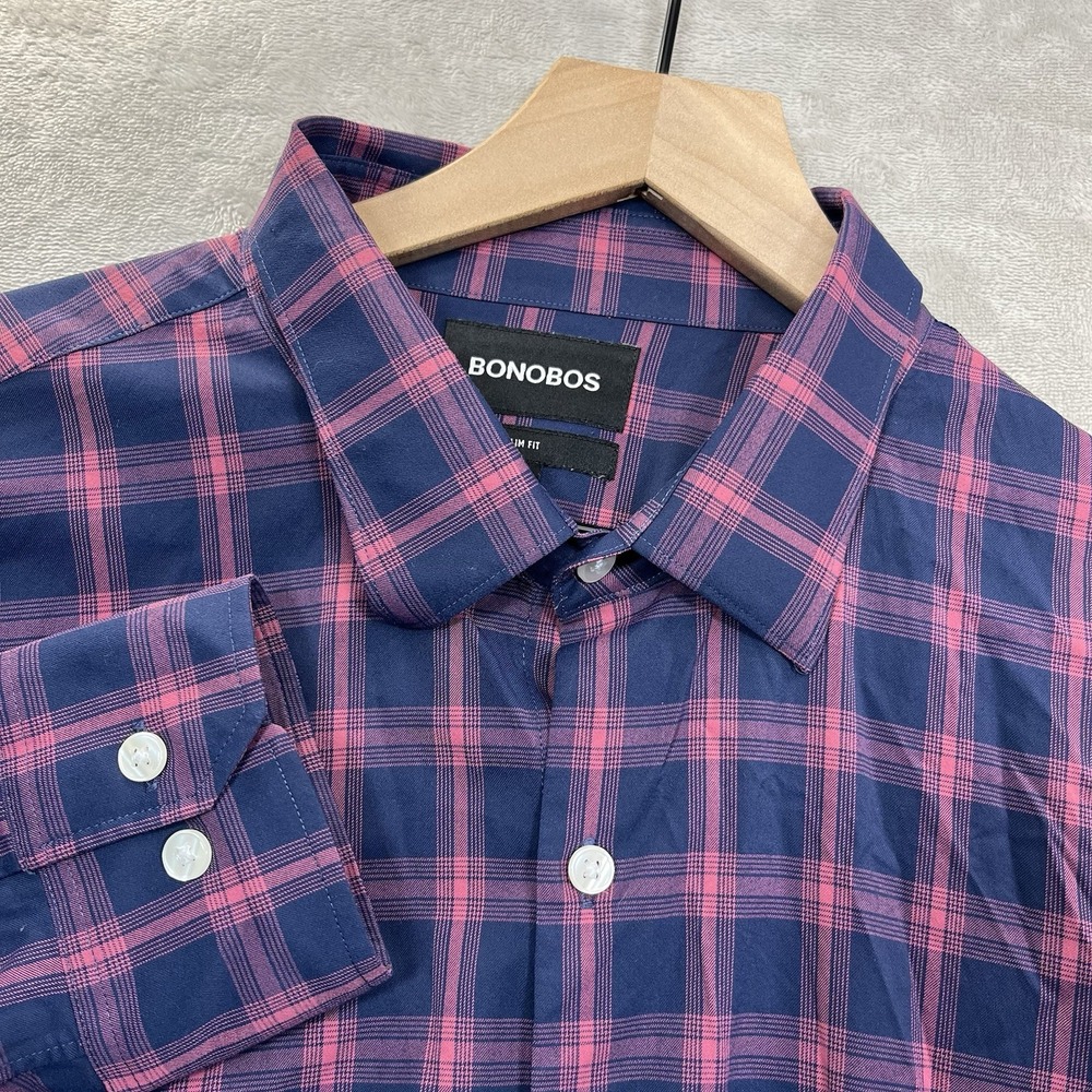 Bonobos Shirt Men XL Blue Pink Check Long Sleeve Slim Fit Nylon Blend Stretch